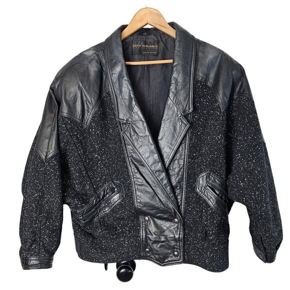 David Benjamin Jackets & Blazers - Vintage 8os Bomber Jacket Womens Size 12 Black Wool Leather Punk Glam Rock Retro